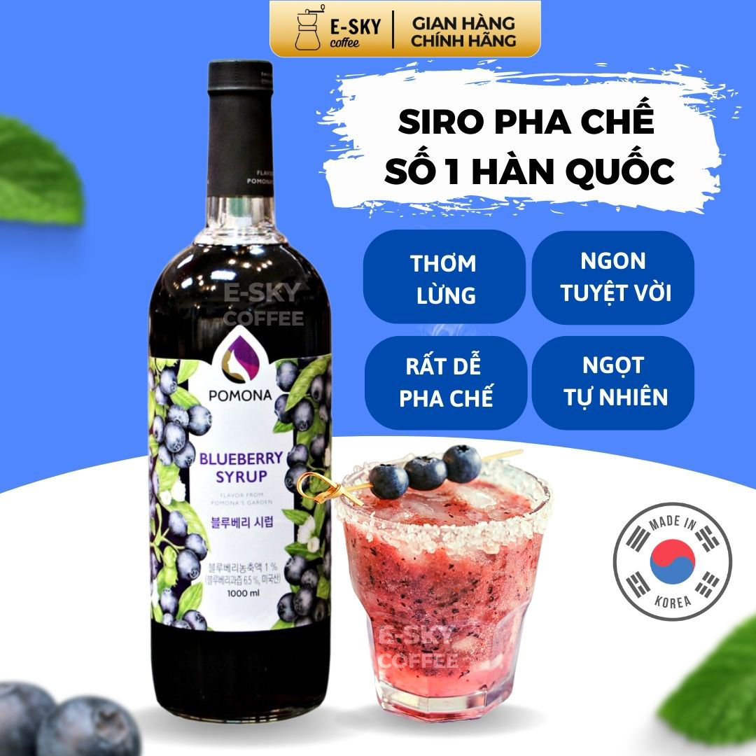 Siro Việt Quất POMONA Blueberry Syrup Nguyên Liệu Pha Chế Hàn Quốc Chai Thủy Tinh 1 lít