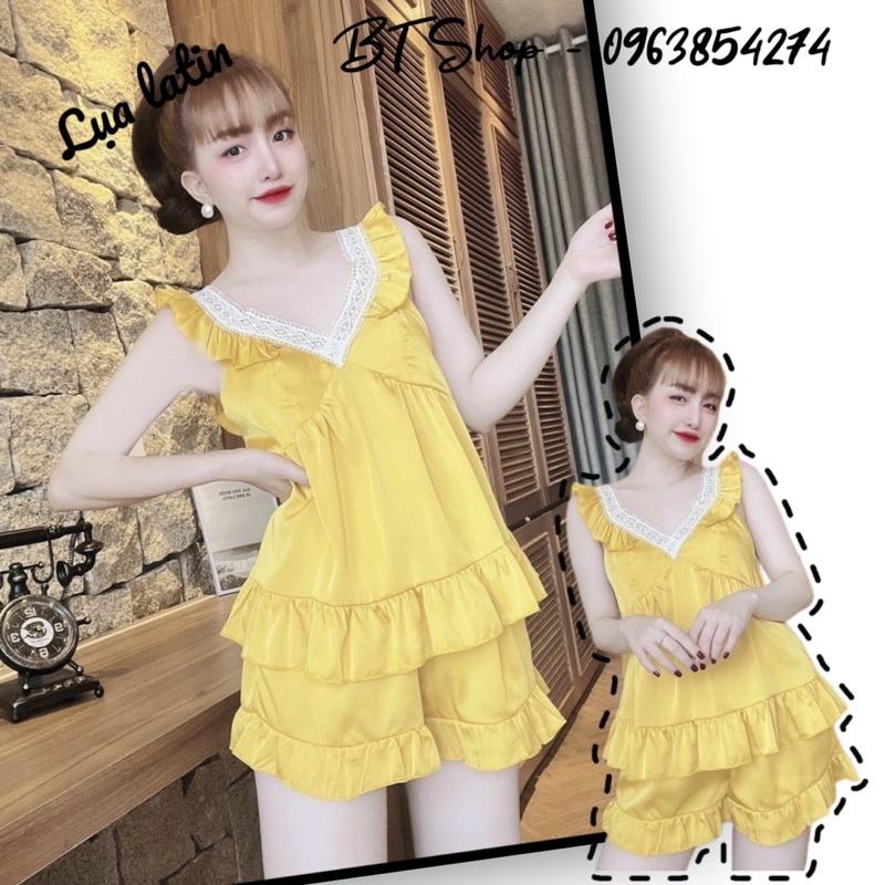 Đồ ngủ mặc nhà lụa latin cổ viền ren trơn đùi freesize 42-57kg