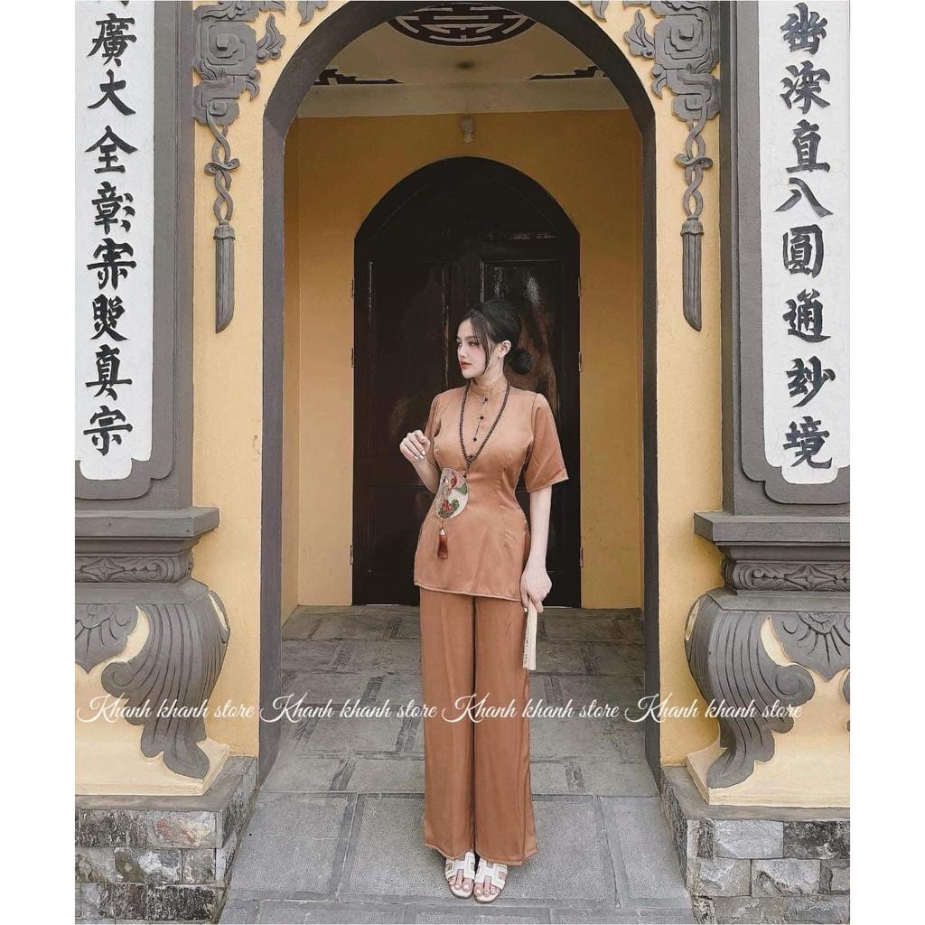 ĐỒ LAM ĐI CHÙA Bộ Cổ Trụ Thêu Hạt Đính Ngọc Bội Tàu