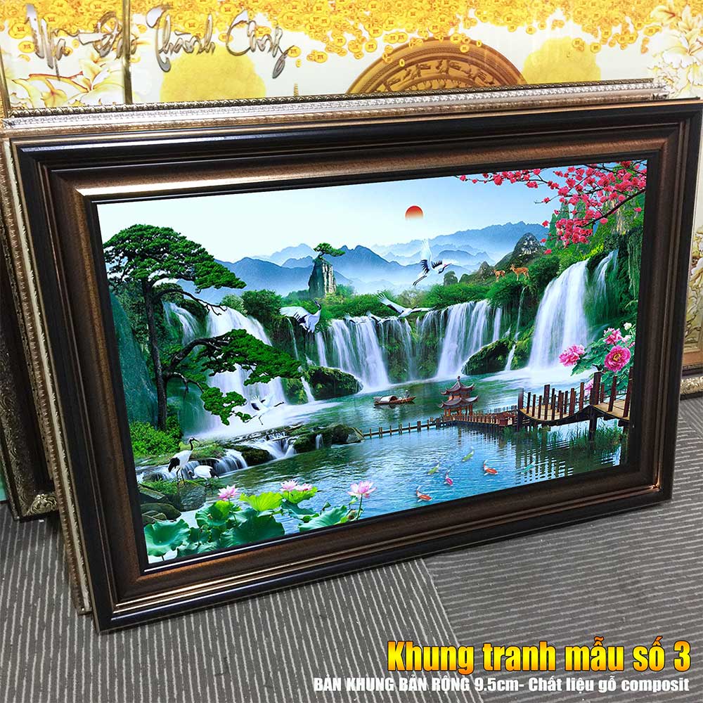 Tranh treo tường phòng khách, phòng ngủ SƠN THỦY HỮU TÌNH khung gỗ composit chất liệu pvc gương / lụa kim sa. MS:2271L9