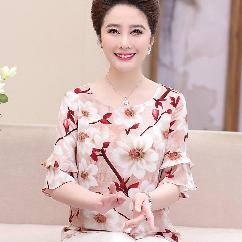 Áo Kiểu Nữ Trung Niên, Mẫu Áo Cho Mẹ Trung Niên In Hoa Cổ Tròn Sang Trọng , Trẻ Trung Thoải Mái