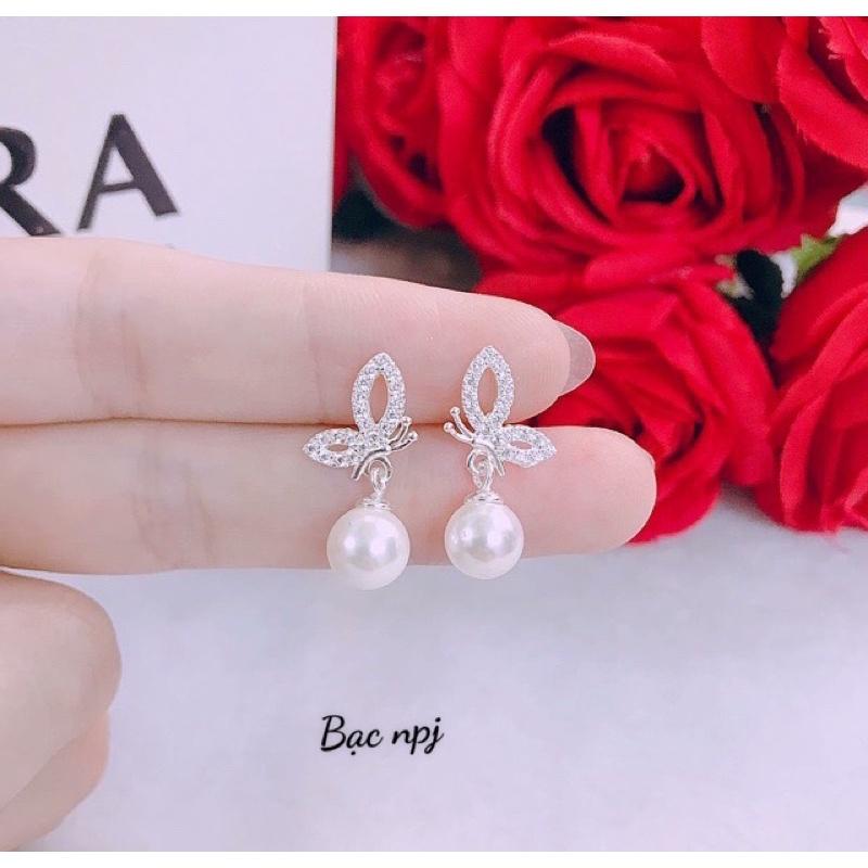 Bông tai bạc nữ hình bướm gắn trai đẹp siêu sáng bóng, Bạc Ta -Bạc npj