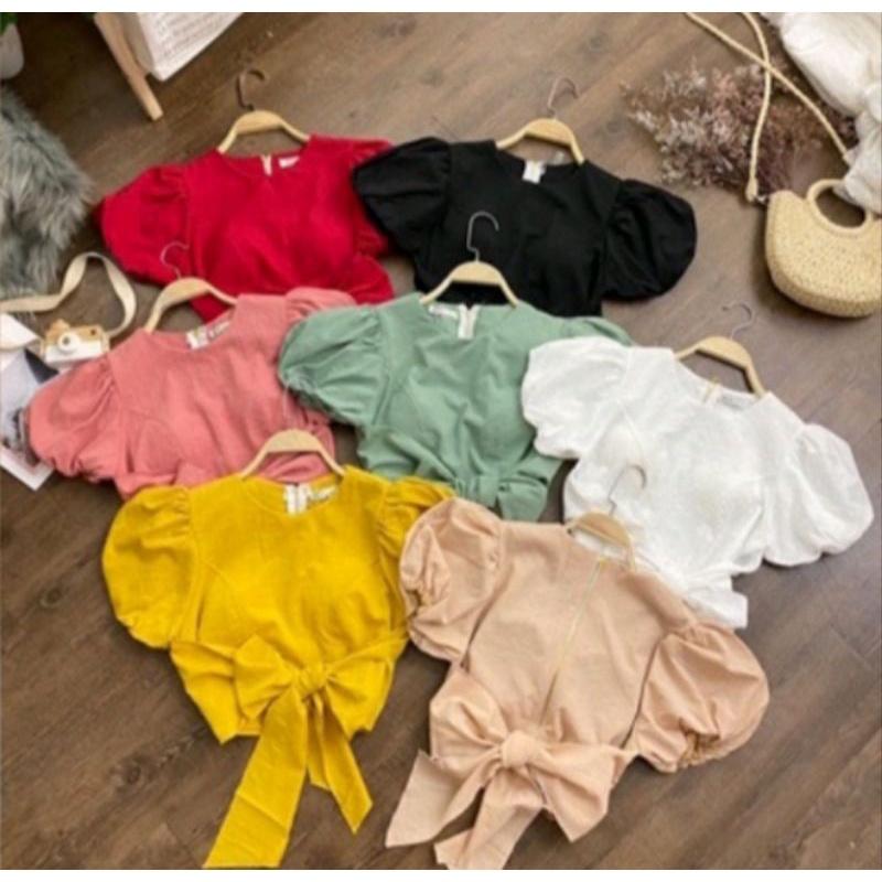 Áo Croptop Cột Nơ Eo YURITA Tay Bồng Khoá Sau Phong Cách Hàn Quốc Tiểu Thư Đủ Màu Dễ Phối Đồ