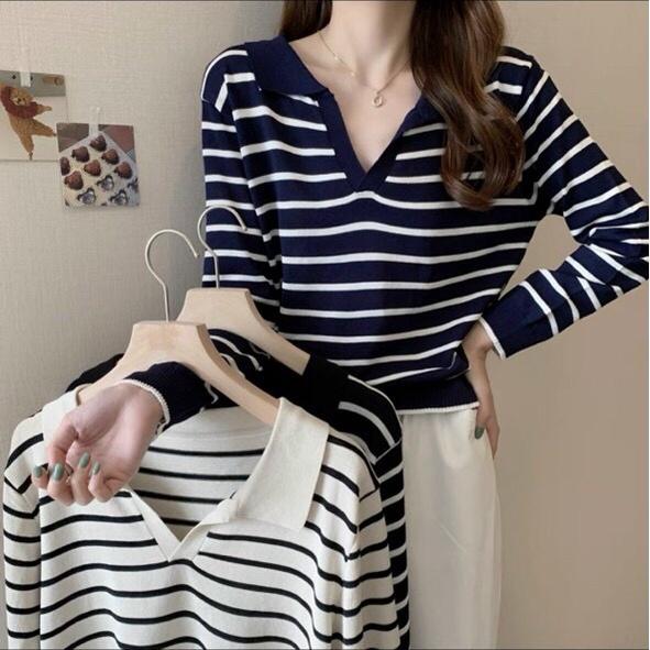 Áo len polo kẻ ngang dài tay