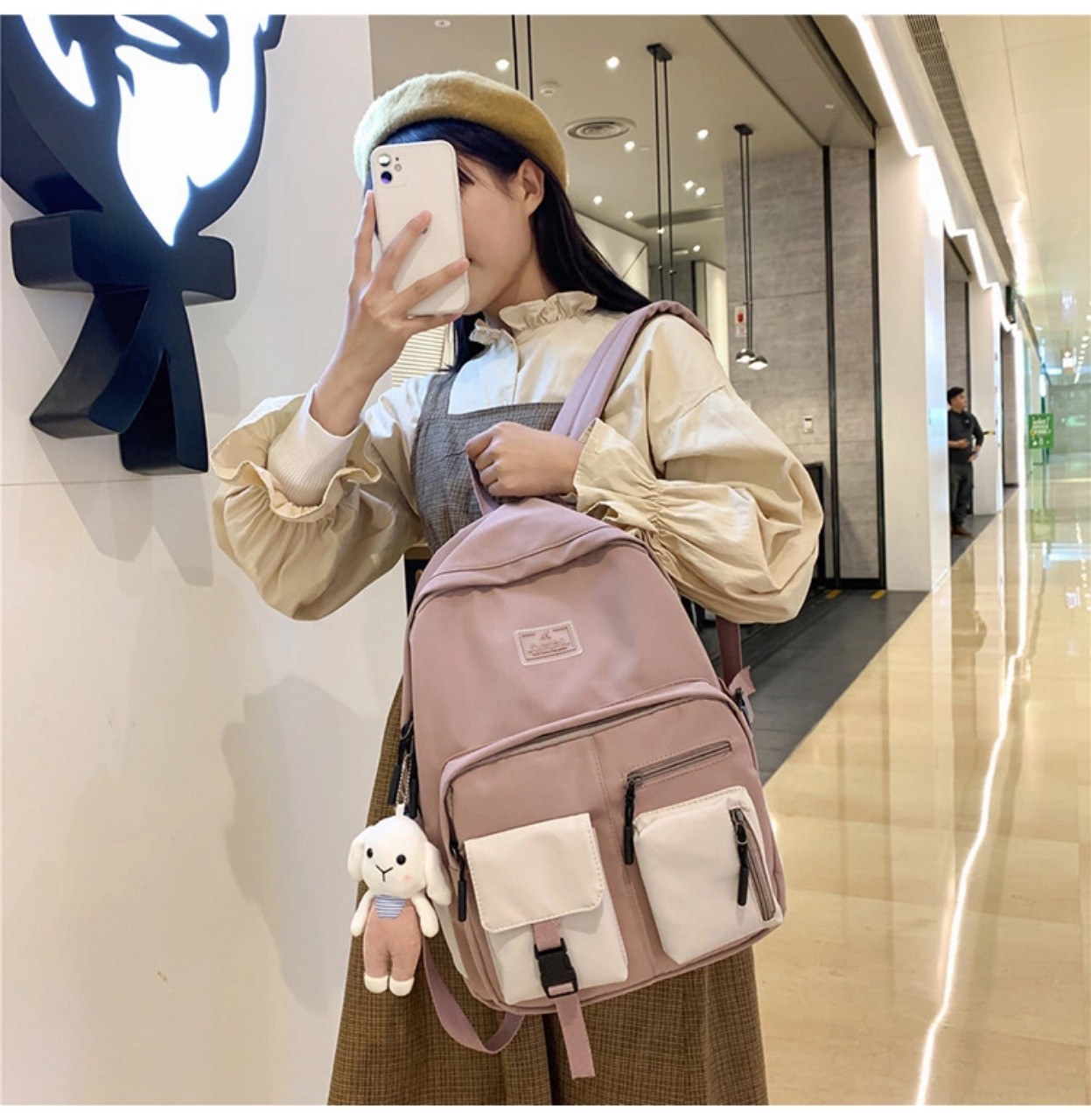 Tặng kèm móc khóa thỏ Ba lô học sinh nữ phối màu túi hộp phong cách Hàn Quốc BL8172
