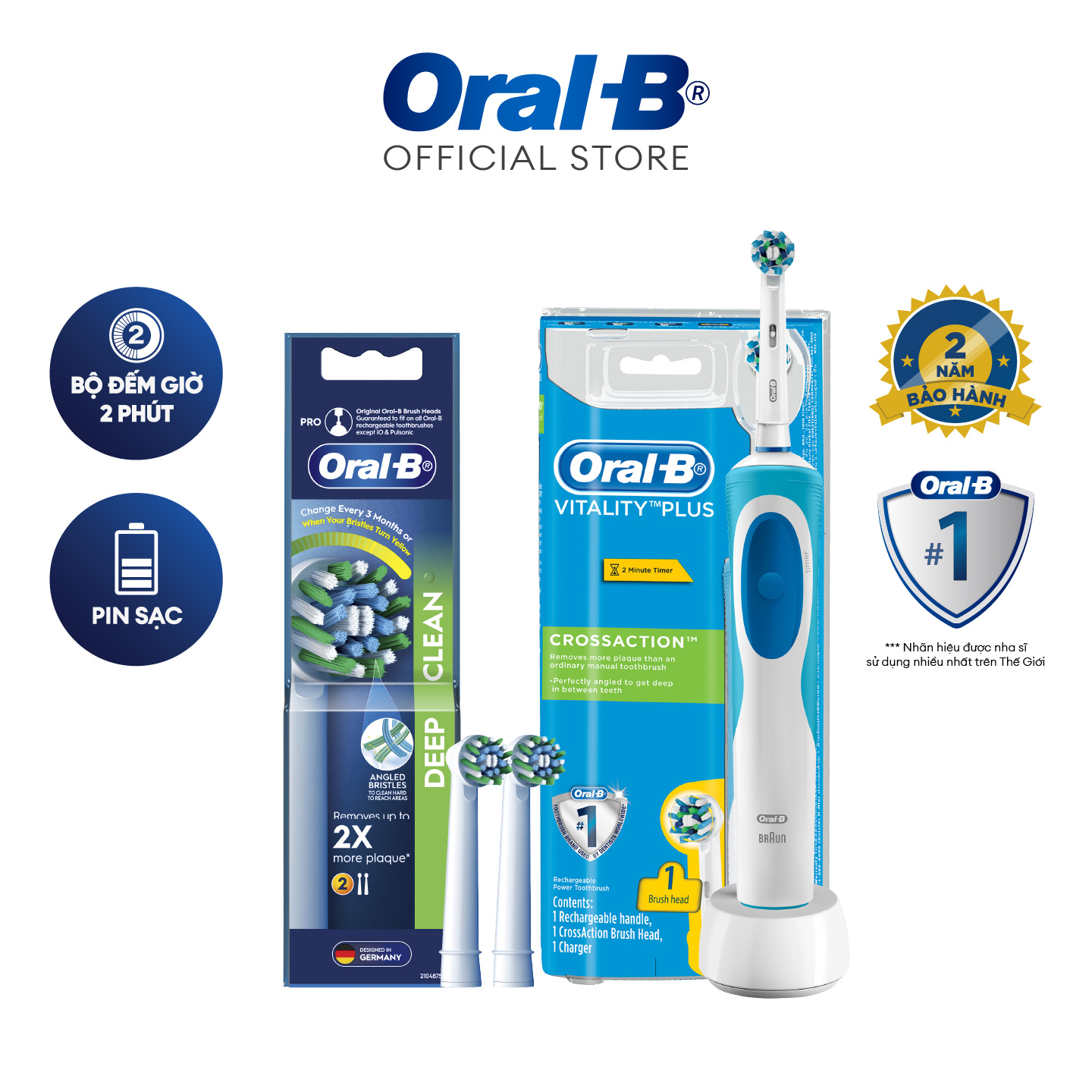 Combo Bàn Chải Đánh Răng Điện Oral - B Vitality Crossaction Blue D12.513 Và 2 Đầu Bàn Chải Oral - B Deep Clean