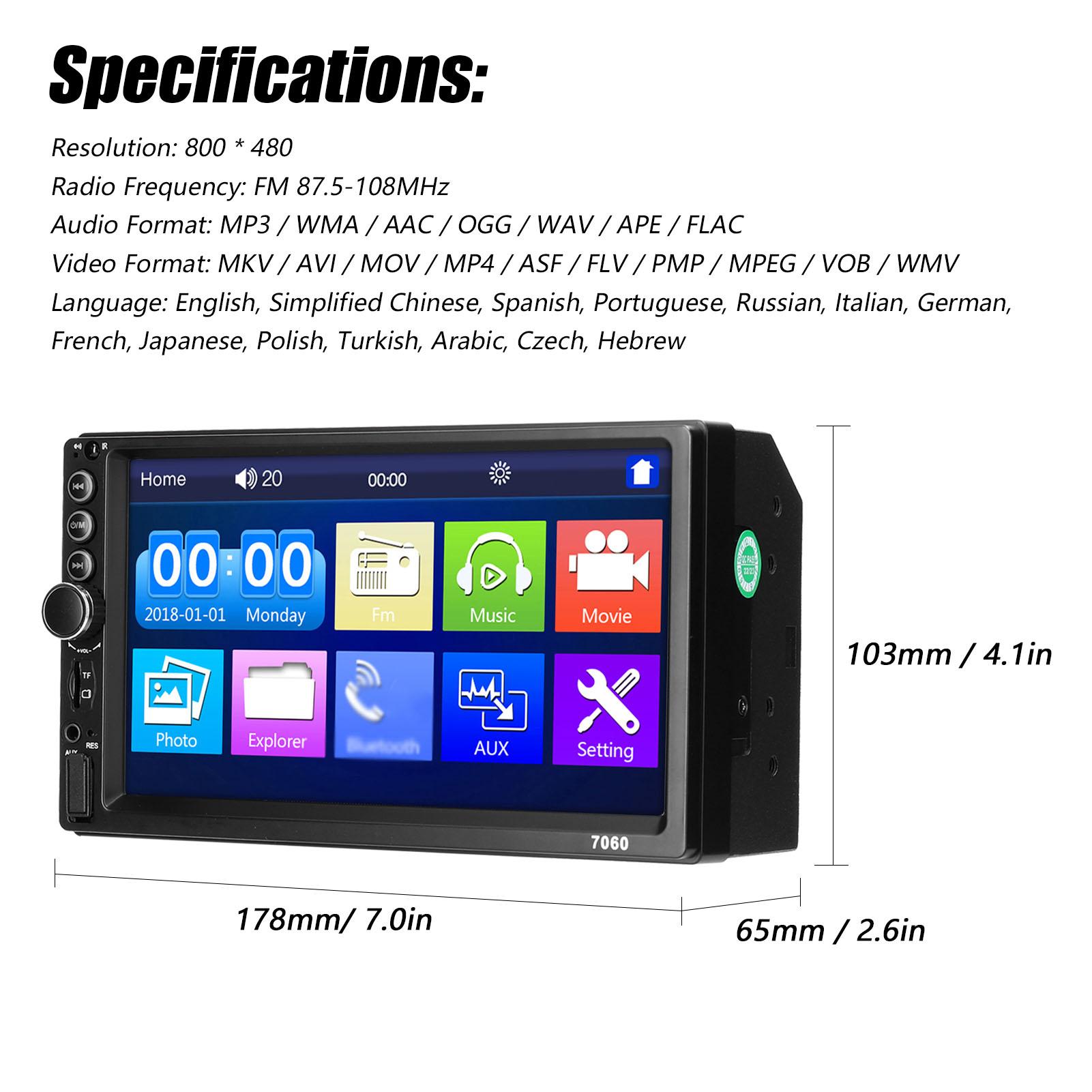 7 Inch Car MP5 Player Double Din Stereo FM Radio BT Hands-Free Calling Support TF Card/USB/AUX-IN Link Reverse Picture
