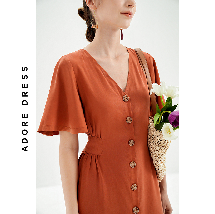 Đầm midi Dresses thô mềm cam cháy hàng khuy sừng 311DR2048 ADORE DRESS