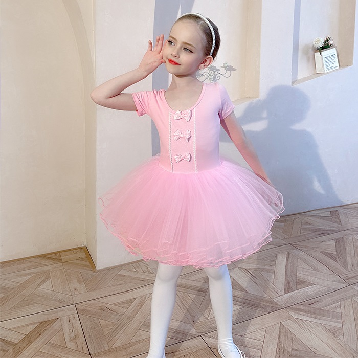 Đầm múa ballet cao cấp - Mẫu áo liền váy 3 nơ hồng, tay ngắn