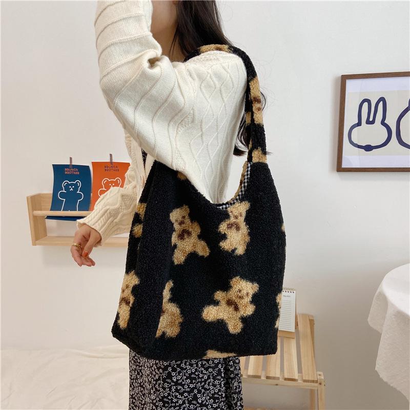 Đeo Vai Túi Tote Nữ Thịt Cừu Giống Như Chất Liệu Vải Bố Lông Tơ Lông Gấu Túi Xách Tay Công Suất Lớn Mềm Mại Mua Sắm Túi Bé Gái Dễ Thương Trường túi