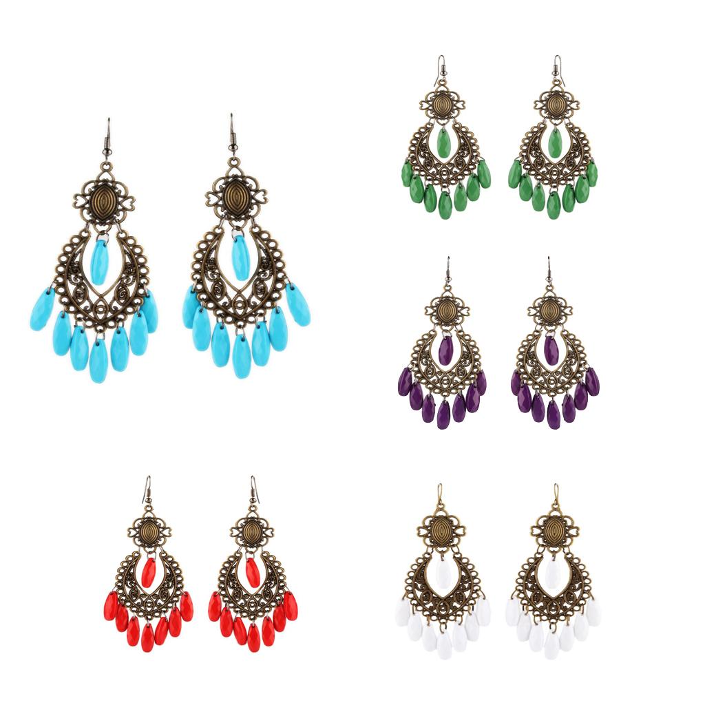 Women Behomia Hollow Flower Alloy Hook Style Earringd Ethnic Odd Beads Dangle Long Tassel Fringe Earrings