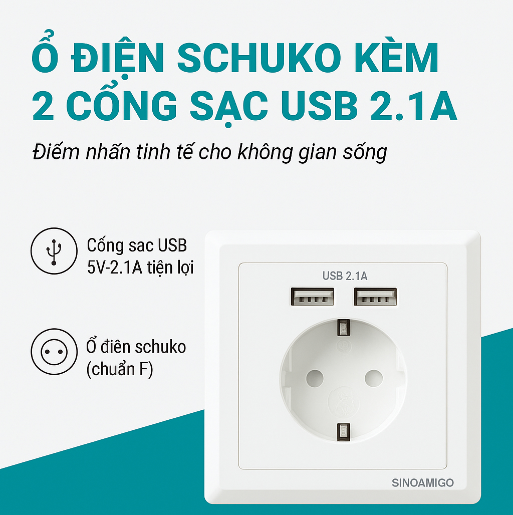 Ổ cắm điện Schuko (chuẩn Hàn Quốc) âm tường kèm 2 cổng sạc USB 5V-2.1A - Sinoamigo SW-1EUA  nhập khẩu chính hãng