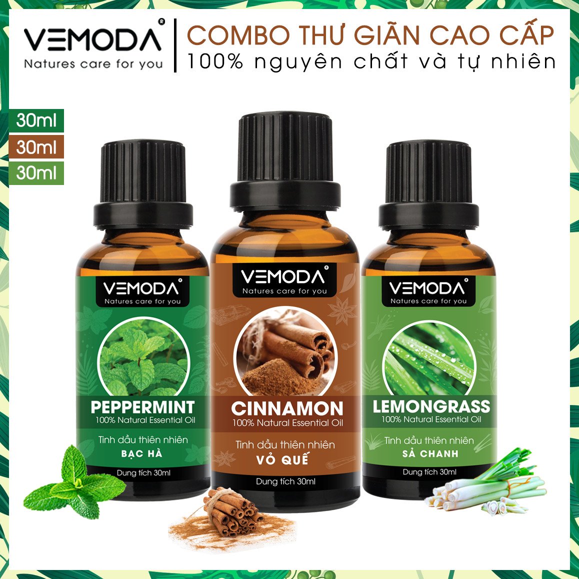 Tinh dầu xông phòng, thư giãn cao cấp gồm 3 chai tinh dầu nguyên chất: tinh dầu Vỏ quế + tinh dầu Bạc hà + tinh dầu Sả chanh Vemoda