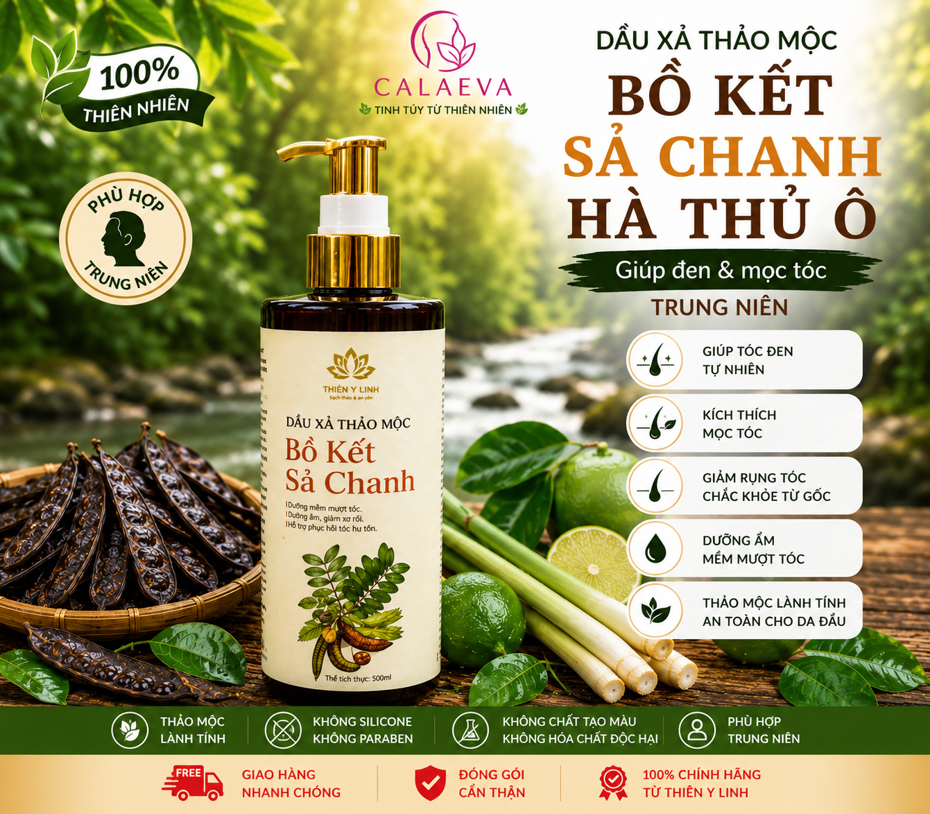 Dầu Xả thảo mộc Bồ Kết Sả Chanh Hà Thủ Ô giúp đen và mọc tóc trung niên