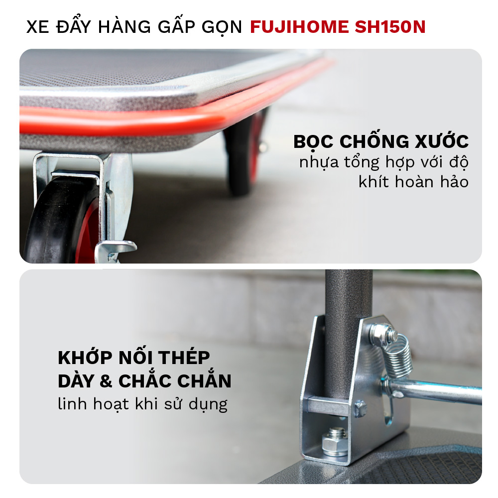 Xe đẩy hàng 4 bánh gấp gọn sàn thép FUJIHOME nhập khẩu, xe kéo hàng xếp gọn, bánh xe có chốt hãm - hàng chính hãng