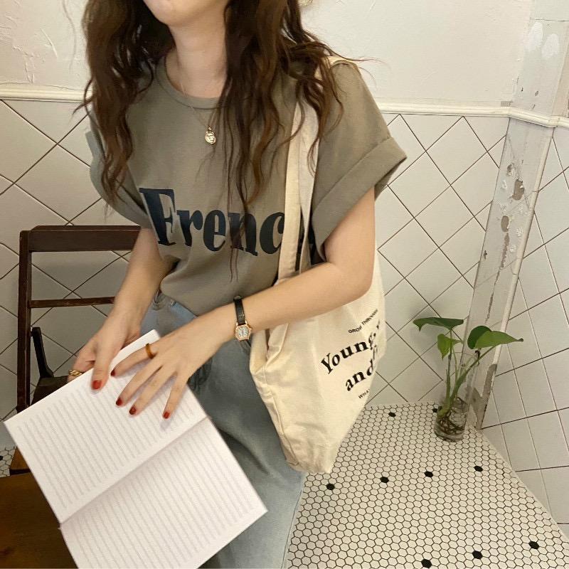 MS6717 Áo thun nữ cổ tròn vai hến in chữ French chất liệu cotton thấm hút mồ hôi
