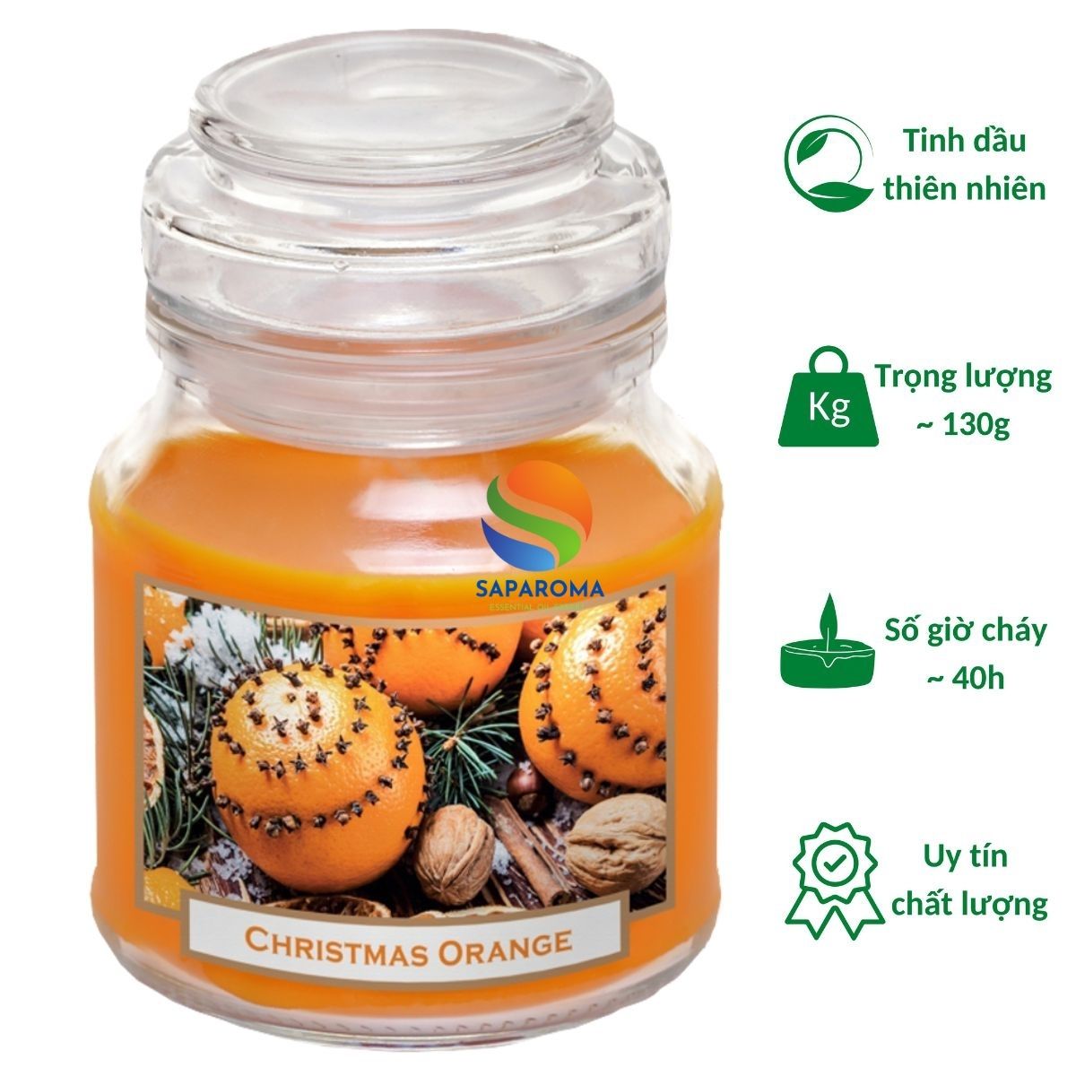 Hũ nến thơm Batek Christmas Orange 130g QT06653 - cam, quế, đinh hương, trang trí, thơm phòng, thư giãn, Hỗ trợ khử mùi