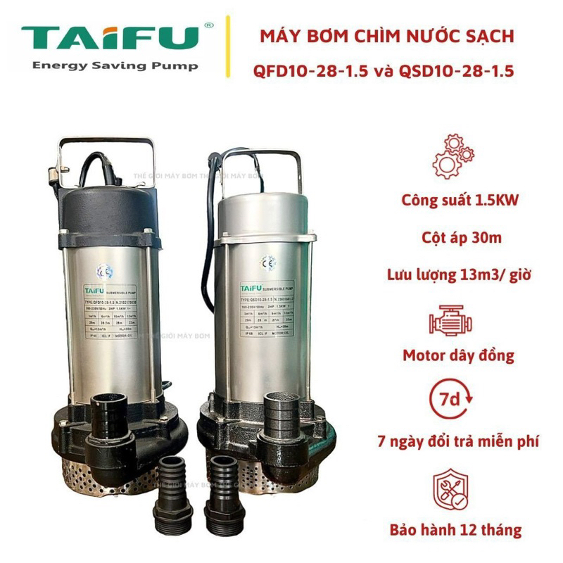 Máy bơm chìm đẩy cao 1.5Kw (2HP) Thân, Nắp INOX 304 TAIFU QFD10-28-1.5 và QSD10-28-1.5 - Bảo hành 1 năm