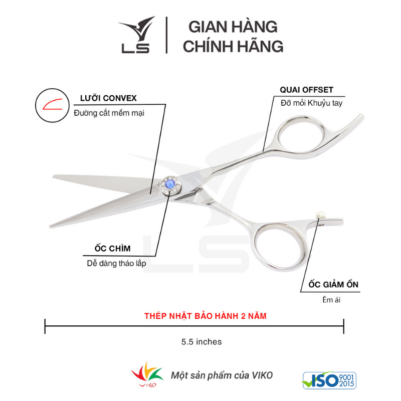 Kéo cắt tóc LS lưỡi thẳng quai offset vênh đỡ ngón cố định PFL