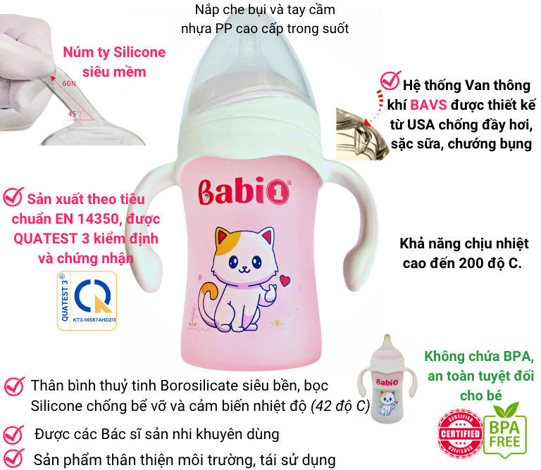 Bình Sữa Cổ Rộng Babi 1 Thuỷ Tinh Bọc Silicon Chống Vỡ Và Cảm Biến Nhiệt Độ - Dung tích 240ml - Cho trẻ từ 12 tháng tuổi