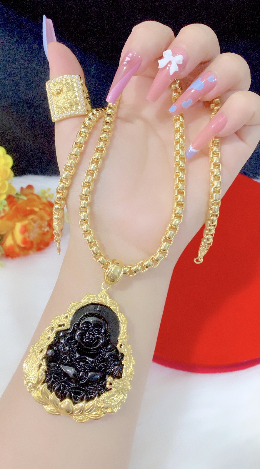 Dây chueyenf nam mặt phật đá đen mạ 24.k cao cấp P7208