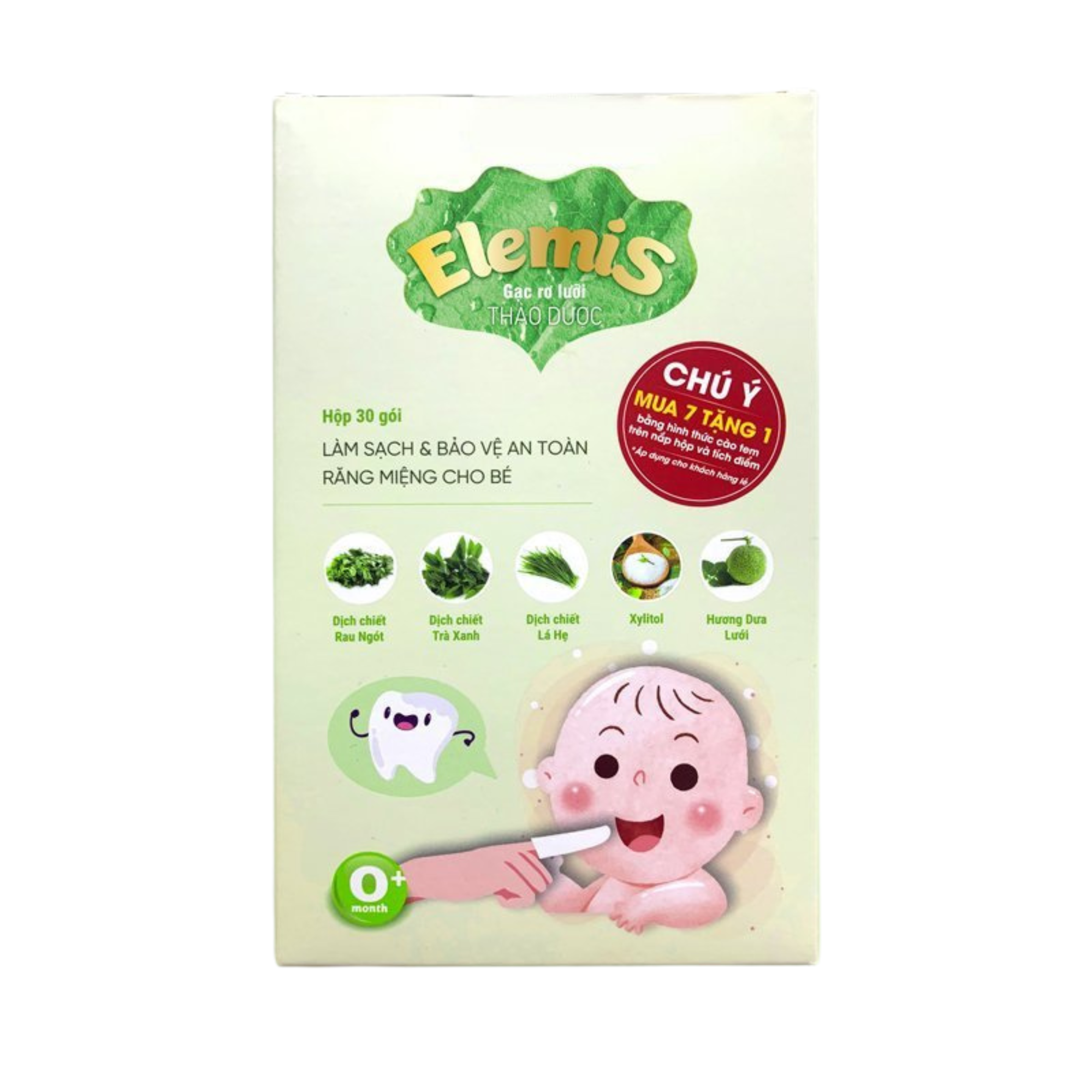 Gạc rơ lưỡi thảo dược Elemis Hộp 10 gói chiết xuất rau ngót chống sâu răng, sún răng, làm sạch mảng bám trong miệng