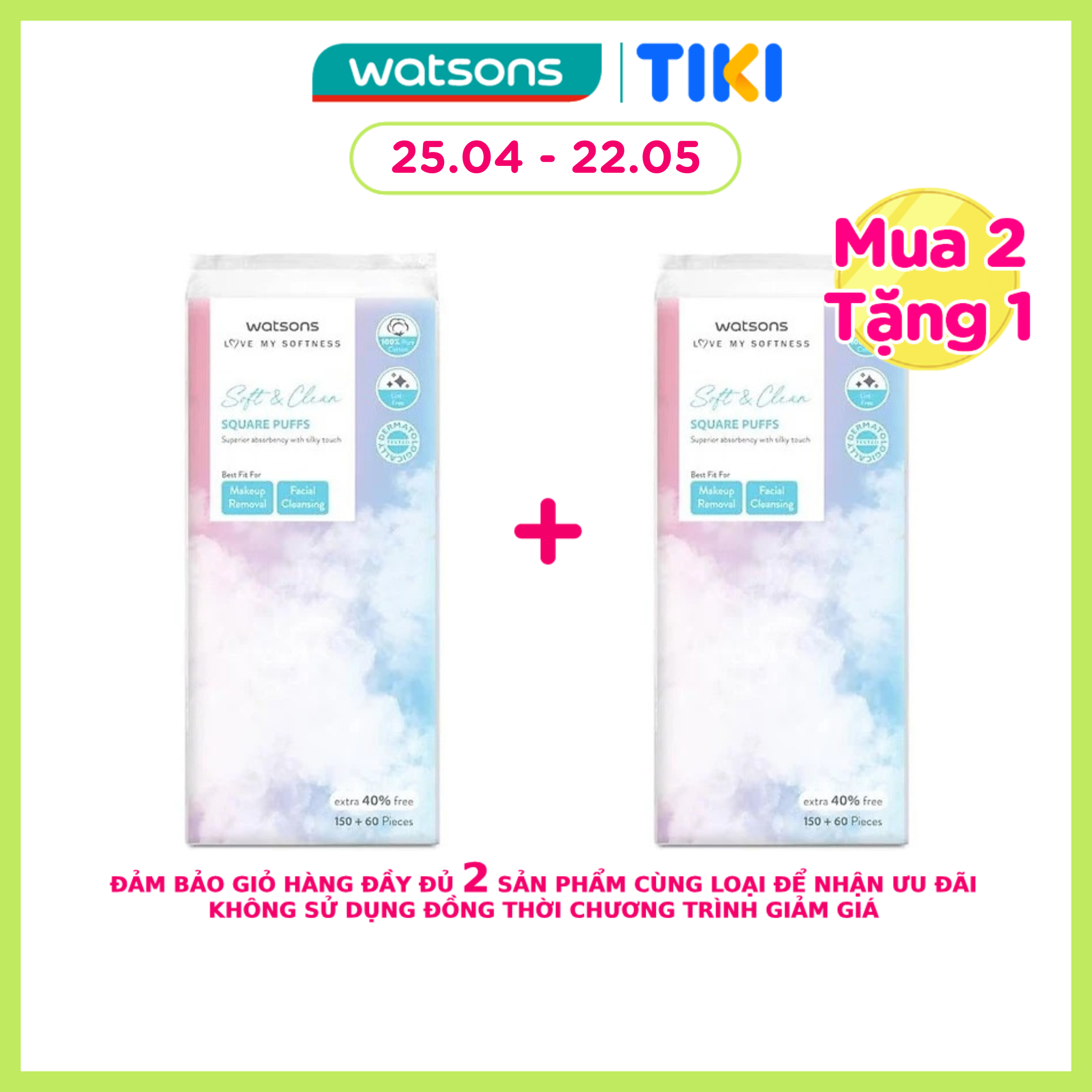 Bông Tẩy Trang Watsons Square Puffs 150S+40%