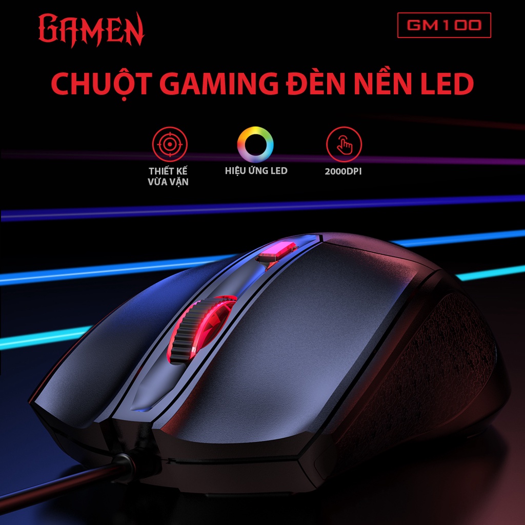 Chuột Máy Tính Gamen GM100 Chuột Gaming Đèn Led RGB 2000 DPI di chuột chuẩn xác chuyên game - Hàng Chính Hãng