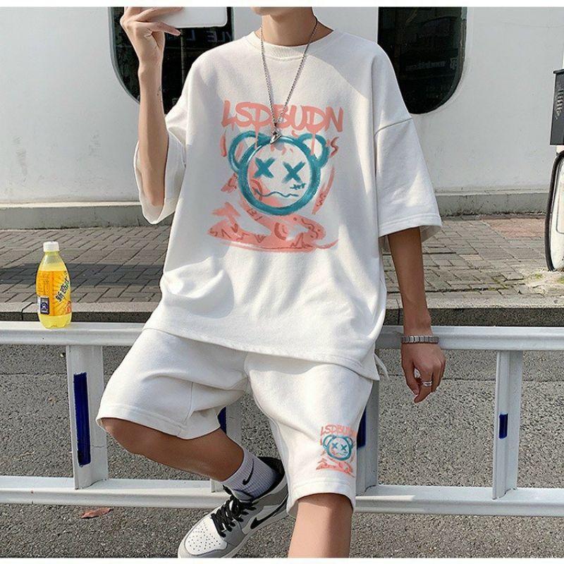 Set Bộ quần áo thể thao unisex in hình gấu,Bộ đùi cổ tròn tay lỡ mặc nhà cotton form rộng mẫu hè mới