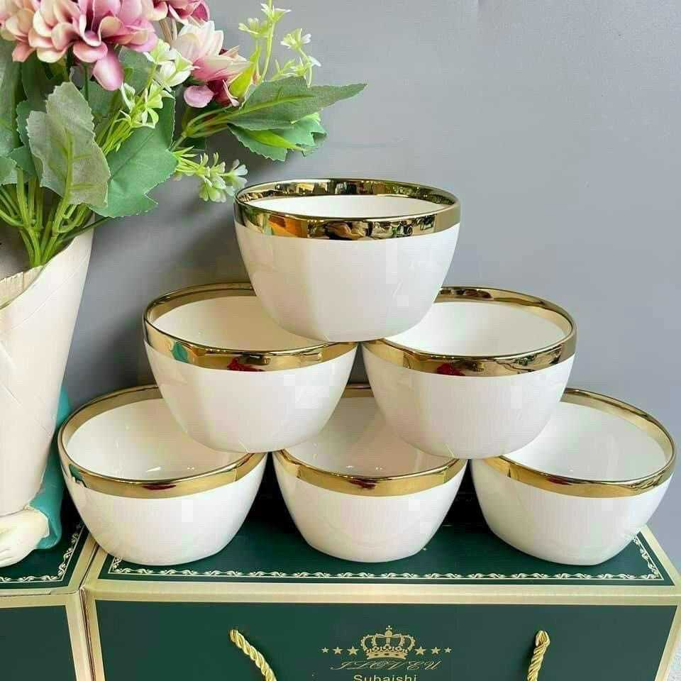 Bộ 6 bát con ăn cơm sứ trắng viền vàng TẶNG KÈM BỘ ĐŨA SỪNG CAO CẤP