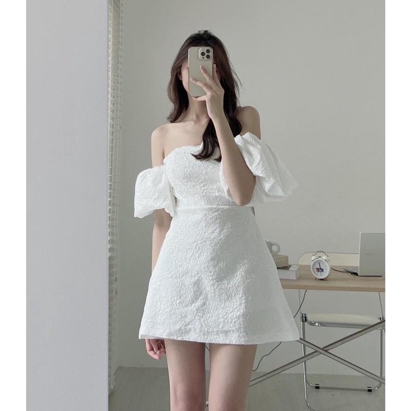 Váy Trễ Vai Xốp Phồng Quảng Châu 2 Màu Đen Trắng, Đầm Dự Tiệc Tiểu Thư Xinh Xắn