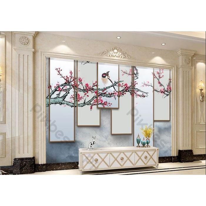 Hoa anh đào và khung cảnh chim tường nổi bật, tranh dán tường 3d hiện đại MS735653