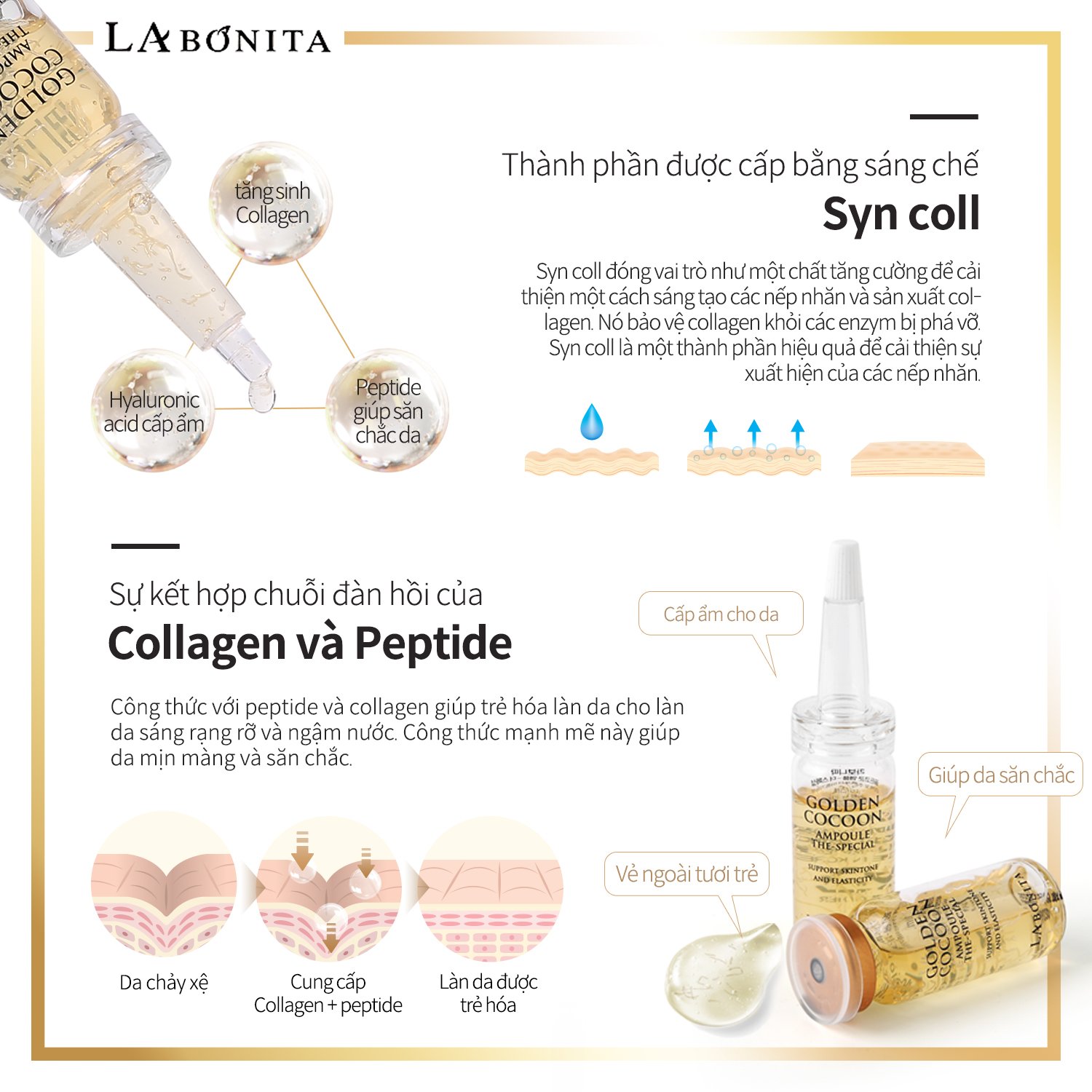 Set 4 lọ tinh chất kén tằm vàng - LA BONITA Golden Cocoon Ampoule The-Special lọ 10mlx4