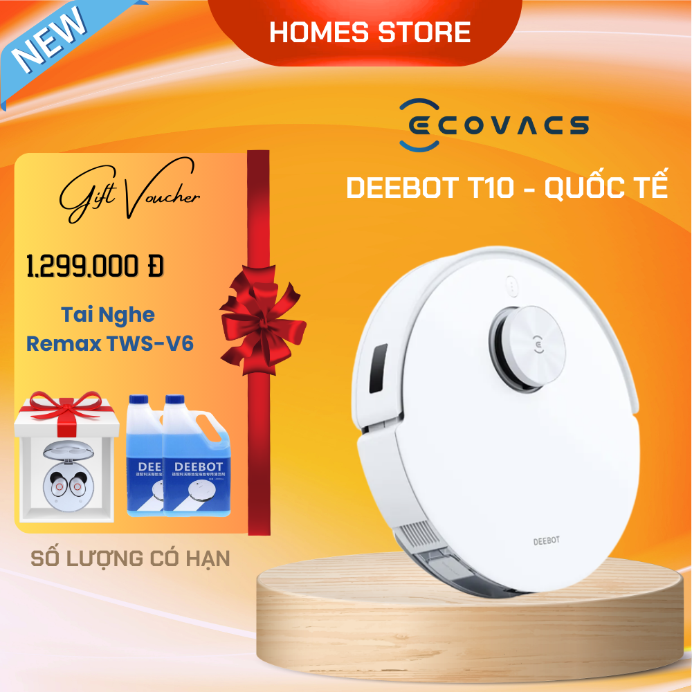 Robot Hút Bụi Lau Nhà ECOVACS Deebot T10 - Quốc Tế Kết Nối App Làm Mát Không Khí Khử Mùi Trợ Lý Ảo YIKO Công nghệ OZMO 3.0 Lực Hút 3000 Pa Phù Hợp Diện Tích 200m2 Công Suất 50 W - Hàng Chính Hãng