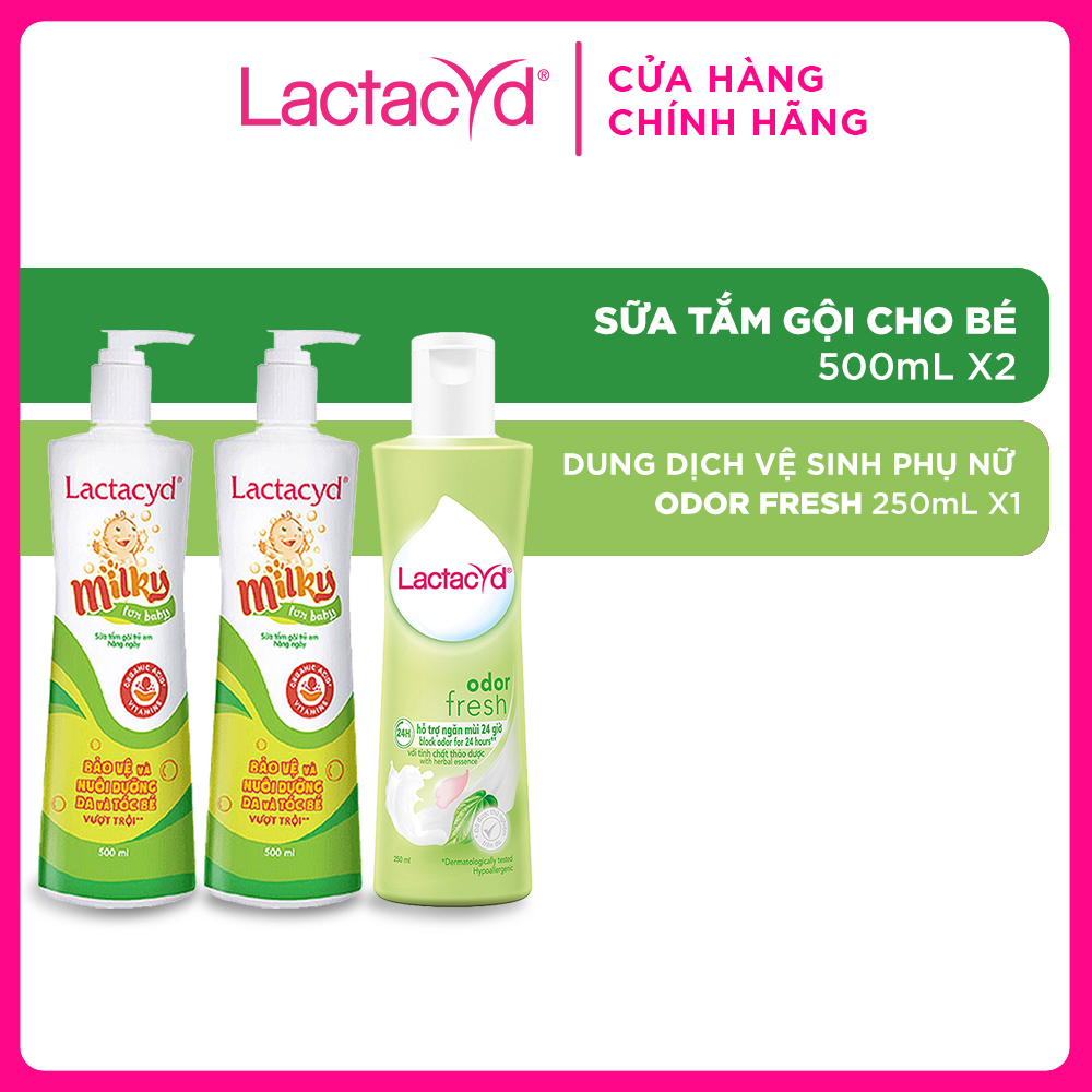 Bộ 2 chai Lactacyd Milky BẢO VỆ, NUÔI DƯỠNG DA &amp; TÓC BÉ VƯỢT TRỘI 500ml/chai + 1 DDVS Odor Fresh NGĂN MÙI 24H 250ml/chai