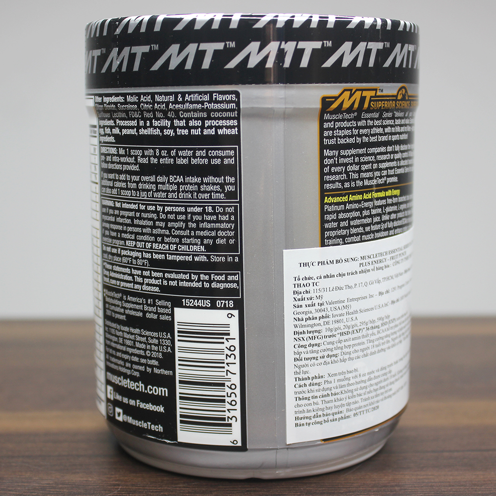 Combo BCAA Platinum Amino Plus Energy của Muscle Tech hương Tropical Mango (XOÀI) hộp 30 lần dùng hỗ trợ tăng sức bền, sức mạnh, đốt mỡ giảm cân mạnh mẽ, phục hồi cơ nhanh chóng cho người tập GYM và chơi thể thao thao &amp; Bình lắc INOX 739ml (Mẫu ngẫu nhiên)