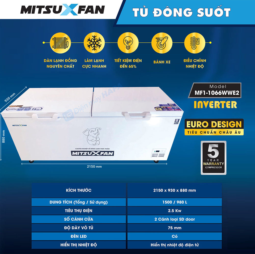 Tủ Đông Cao Cấp MITSUXFAN MF1-1266WWEI Inverter 1300 Lít, 01 Ngăn, Tủ Cấp Đông Tiêu Chuẩn Châu Âu - Hàng Chính Hãng