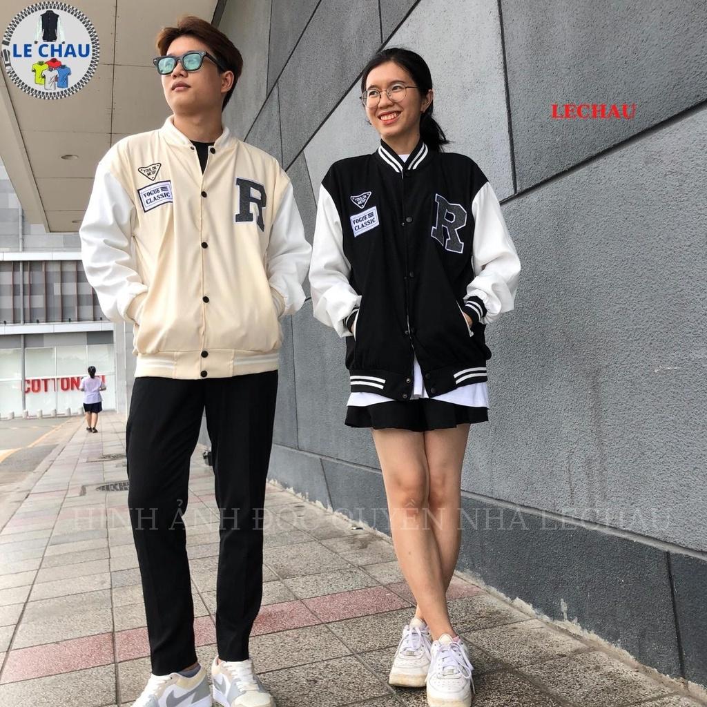 Áo khoác bomber nam nữ ulzzang hottrend logo R Varsity jacket da lộn cao cấp unisex form rộng streetstyle đẹp xịn - F426 Đen &lt; 70kg