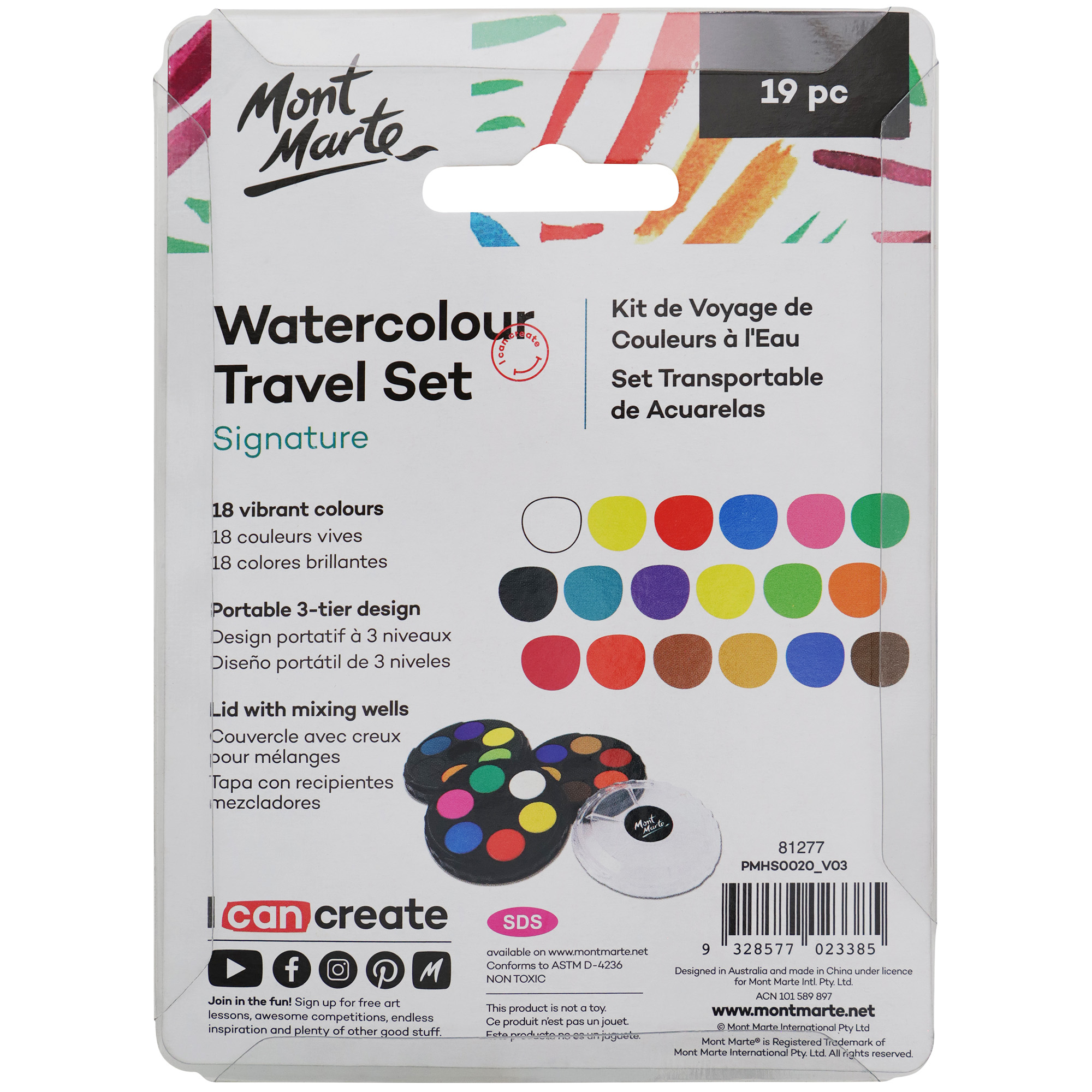 Bộ Màu Nước Dạng Thỏi Nén hiệu Mont Marte 18 màu/bộ - Watercolour Travel Set Signature 18pc