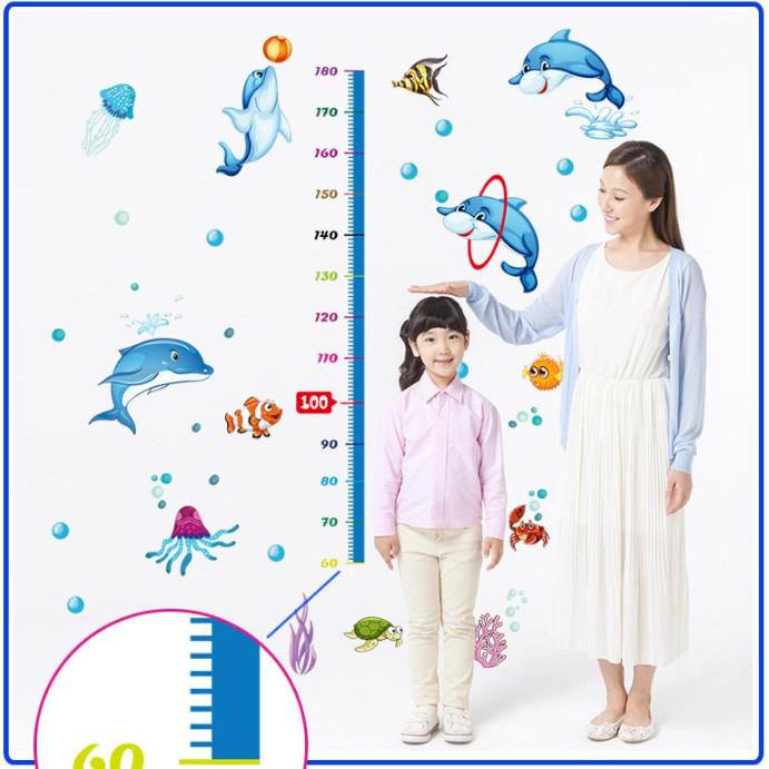 Decal dán tường chi tiết Thước Đo chiều cao Cá Heo Xanh cho bé