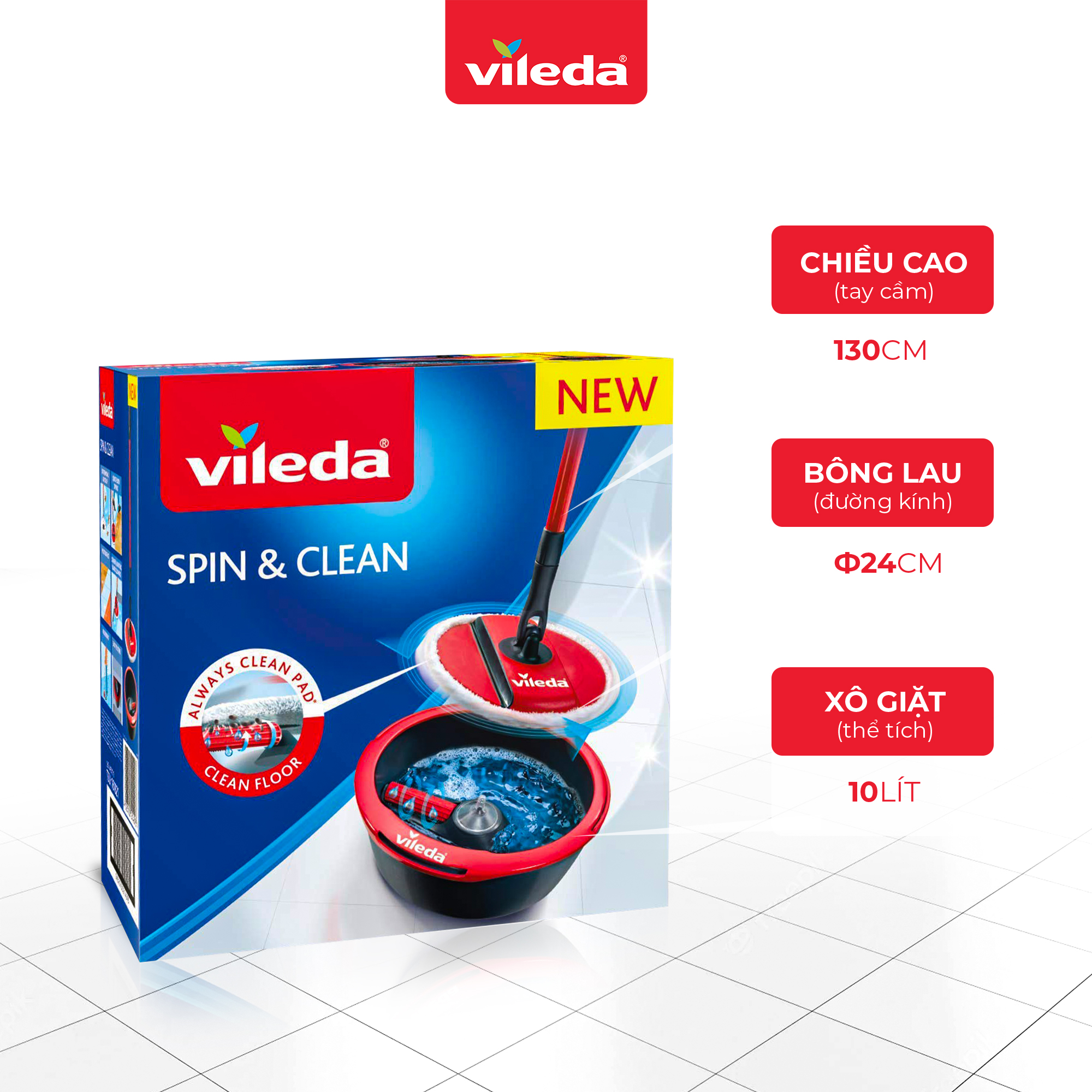 Cây lau nhà Vileda dạng đĩa tròn, công nghệ sợi microfiber sạch sâu, kèm xô giặt xoay 360 độ, model Spin&amp;Clean