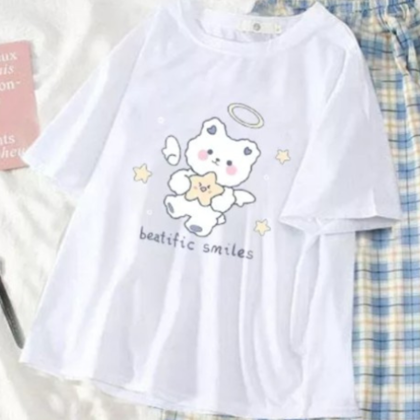 Sét Bộ Nữ SS24, Sét Đồ Nữ Đi Chơi Đẹp In Gấu Ôm Sao, Sét Áo Vải Cotton Và Quần Kẻ Đen Cá Tính