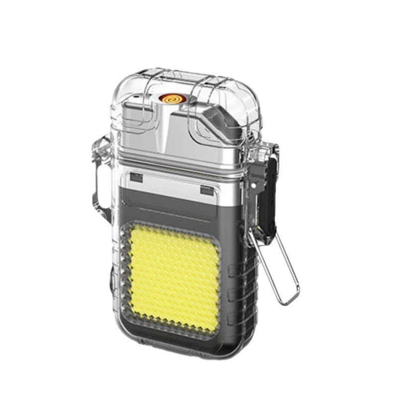 Hộp quẹt điện plasma 4in1 vỏ trong suốt có đèn pin siêu sáng chống nước chống gió, cổng sạc usb type C (tặng kèm dây sạc)