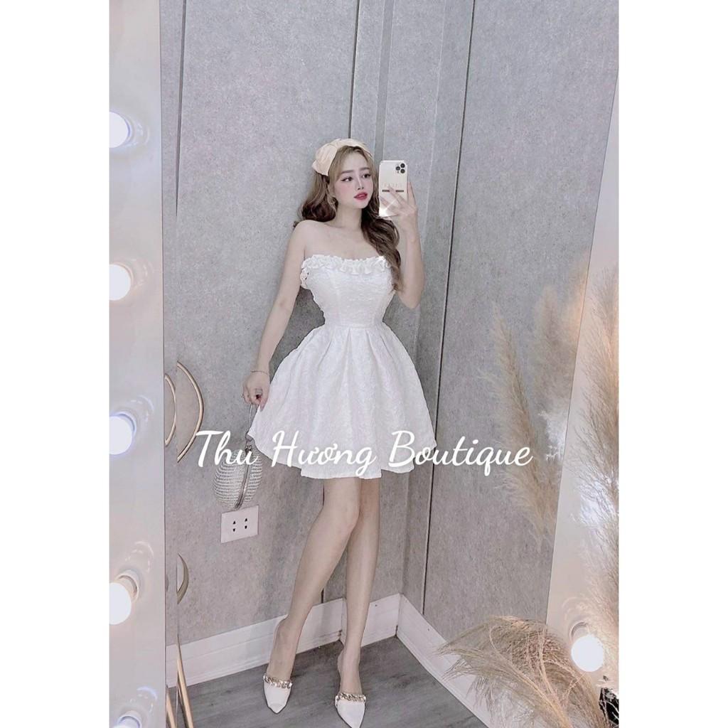 Đầm dự tiệc trễ vai , chân váy xếp ly hộp chất gấm xốp hoa ly 3D. Váy đẹp dự tiệc