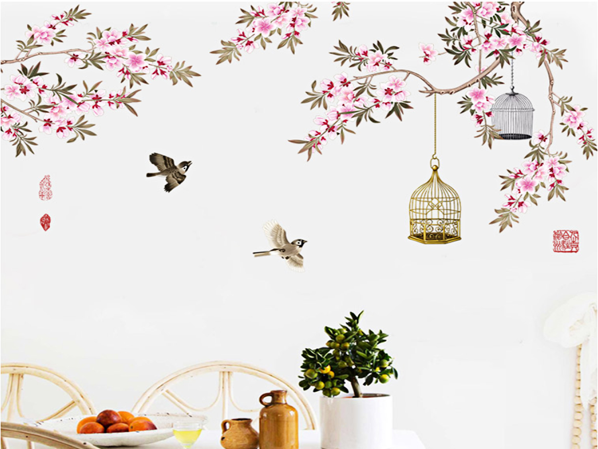 Decal Cành hoa đào và lồng chim