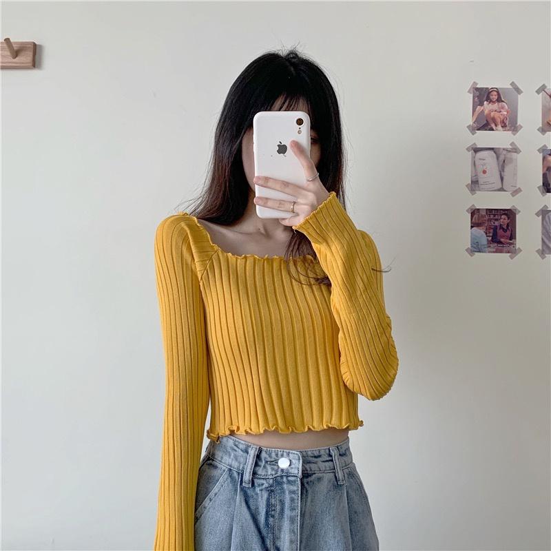 MS217 Áo len nữ dài tay viền bèo croptop kẻ sọc