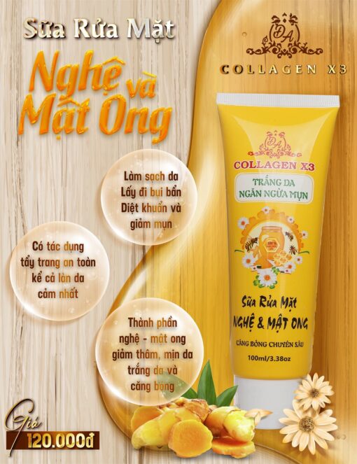 Sữa Rửa Mặt Collagen X3 Nghệ Mật Ong Mỹ Phẩm Đông Anh Chính Hãng 100ml – Sữa Rửa Mặt Sạch Sâu Dưỡng Trắng Da