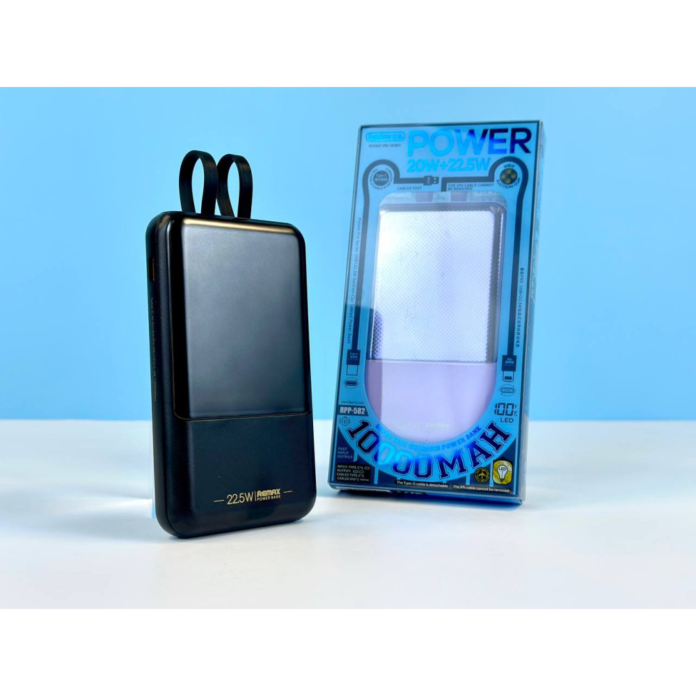 Pin dự phòng mini cho iphone 15 Remax RPP-582 dung lượng 10000mAh tích hợp 2 cáp sạc nhanh - hỗ trợ QC 22.5W và PD 20W - Đen - Hàng Chính Hãng