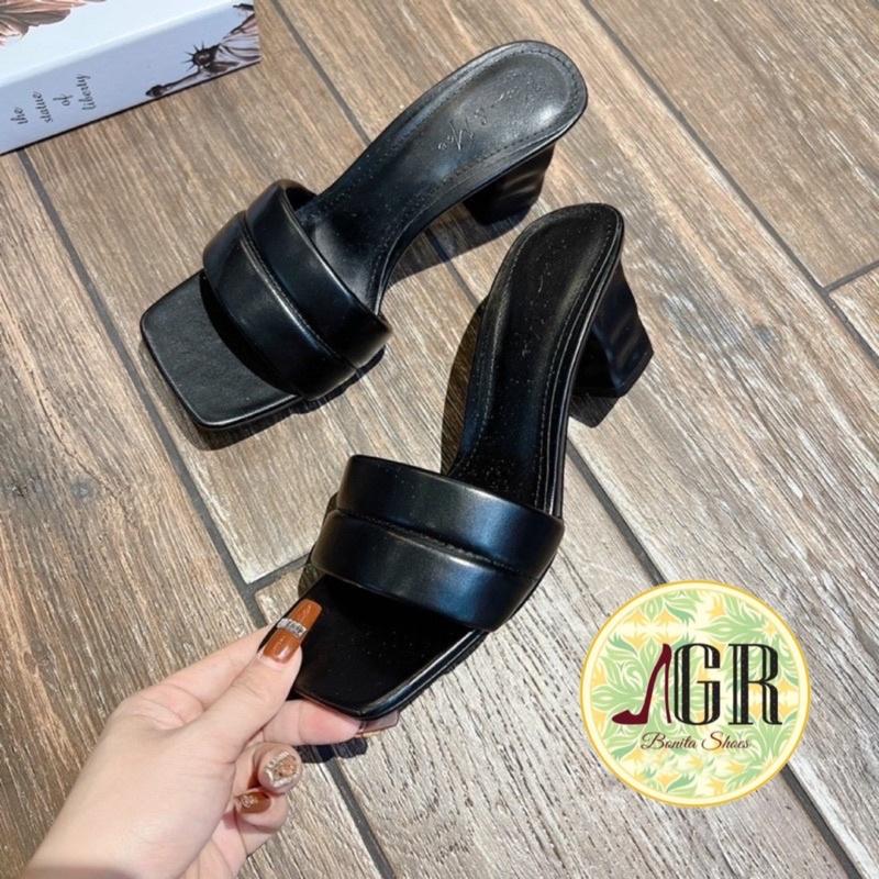 Guốc bản phồng viền giữa gót trụ nổi 6 cm