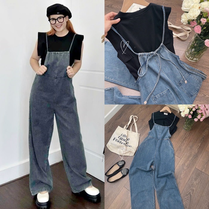 SET JUMPSUIT ĐỒ BAY QUẦN YẾM 2 DÂY DÀI ỐNG RỘNG JEANS LƯNG CAO SUÔNG ĐỨNG + ÁO THUN TRƠN ĐI CHƠI DẠO PHỐ ĐI BIỂN